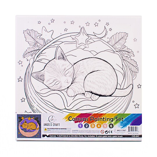 Angels Craft Paint by Number Canvas Set - Dreamy Whiskers | Includes: 1 Pre-printed Canvas, 6 Acrylic Paint pots, 1 Artist Brush
